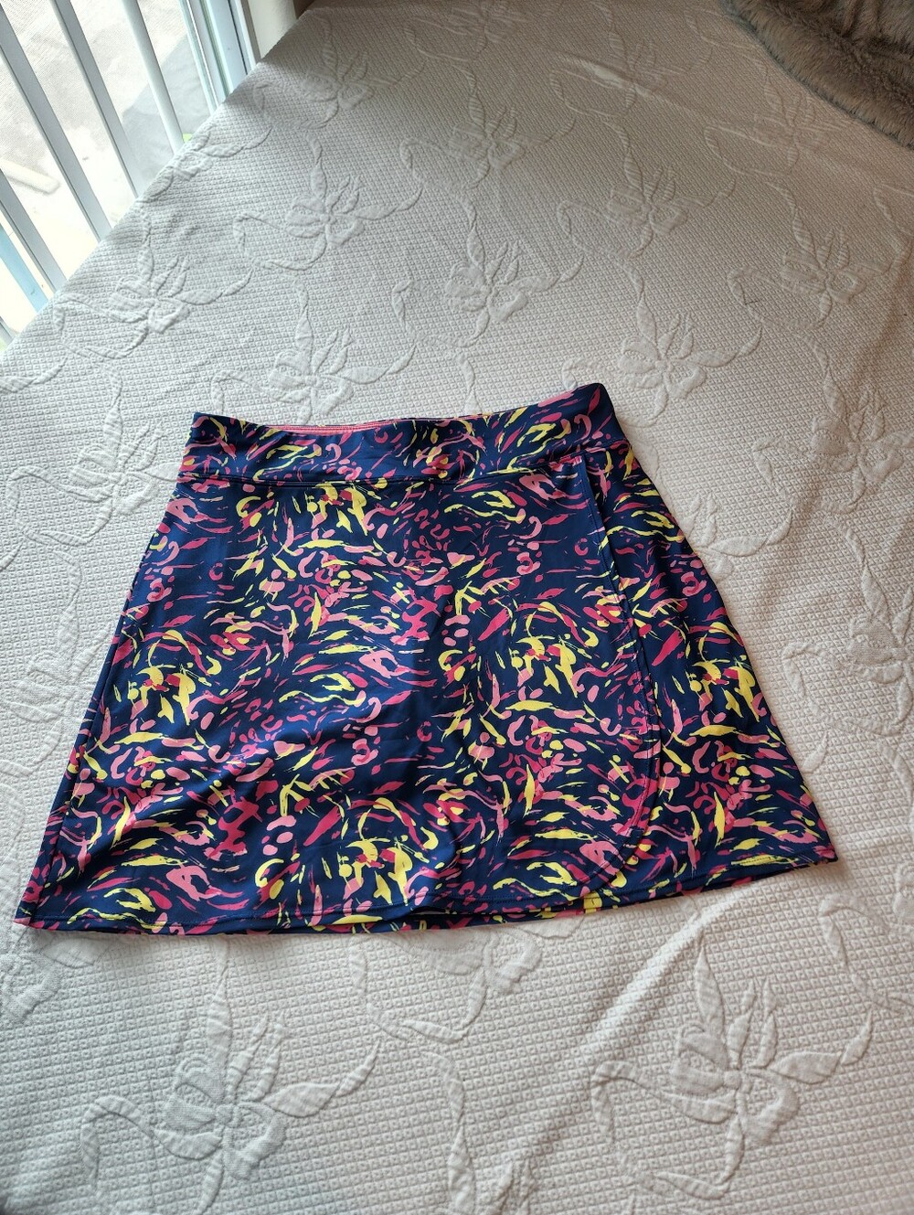 Navy A-Line Skirt with Pink & Yellow Abstract Print